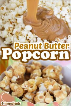 the peanut butter popcorn recipe is in a bowl and ready to be eaten with it's spoon