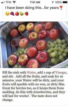 an image of apples and grapes in a sink with the caption'i have been doing this for years '