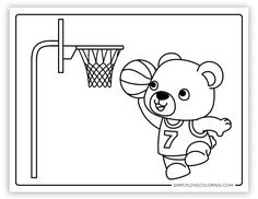 a coloring page with a bear playing basketball