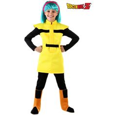 The Fun Costumes Bulma Dragon Ball Costume for Kids with WigThe Dragon Ball Z Bulma Costume for kids is perfect for any young fan of the popular anime series. This officially licensed costume is made from 100% polyester interlock knit and foam, ensuring both comfort and durability.The costume features a black long-sleeved, scoop-neck pullover top that perfectly complements the yellow dress with a front zipper, foam lining, and an elastic belt at the waist. The black stretch tights with an elasti Goku Wig, Bulma Costume, Dragon Ball Z Bulma, Stretch Tights, Outfit Suit, Kids Wigs, Theme Halloween, Anime Costumes, Movie Costumes