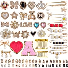 many different types of brooches and pins on a white background with the word love spelled out