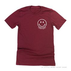 All Little Mama shirts are unisex sizing. They run slightly larger than typical women's shirts and slightly smaller than typical men's shirts. We recommend ordering your normal size for a regular fit.Please reference all size charts before purchasing.The default design color on this shirt is white, unless an option is given. Smiley Face Graphic Tee With Short Sleeves, Short Sleeve Shirt With Funny Print For Everyday, Everyday Crew Neck Shirt With Screen Print, Everyday Funny Print Crew Neck Shirt, Everyday Crew Neck Shirt With Funny Print, Black Smiley Face Crew Neck T-shirt, Black Crew Neck Top With Smiley Face, Black Crew Neck T-shirt With Smiley Face, Funny Short Sleeve Tops For Everyday