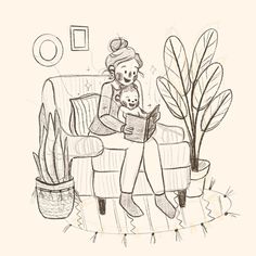 a drawing of a woman sitting in a chair reading a book while holding a dog