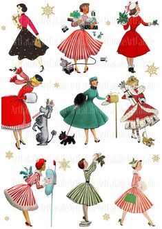 an image of women dressed up in christmas clothes and hats with poodles on their heads