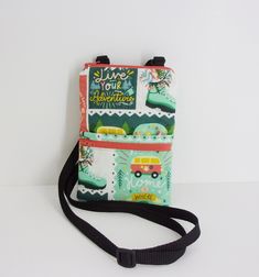 The cross-body bag in this listing speaks to those who love camping and adventure.  Images of campers, a VW bus, trees and wildflowers encourage you to "live your adventure." The lining fabric is pale green with white dots. The black webbing strap is adjustable and can be worn cross-body, as a shoulder bag, or as a hip bag. We designed this purse for the gals who want to carry a minimum of stuff, want something light-weight and comfortable, and want to remain hands free during a busy day of acti Adventure Images, Webbing Strap, Phone Purse, Farmer's Market, Hip Bag, Vw Bus, Smart Phone, Pale Green, Lining Fabric