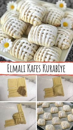 some cookies are being made and arranged on a plate with the words, elimal kafes kurabiye