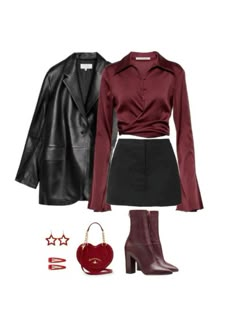 Red Top With Black Skirt, Cherry Red Skirt Outfit, Wine Red Outfit Aesthetic, Cherry Red Top Outfit, Red And Black Casual Outfit Ideas, Maroon Red Outfit, Red Silk Top Outfit, Wine Red Clothes, Red And Black Outfits For Women Classy