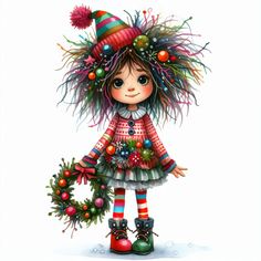 Whimsical Christmas Zazzle, Whimsical Watercolor Christmas Cards, Christmas Wreath Art, Whimsical Christmas Art, Christmas Wreath Image, Christmas Wreath Clipart, Quirky Christmas, Whimsical Christmas Trees, Quirky Girl