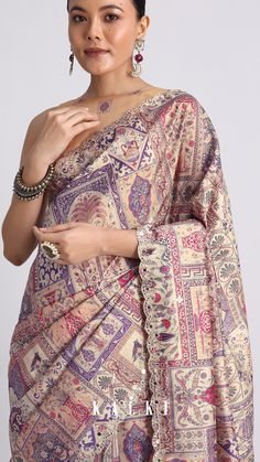 Our purple tussar silk saree, adorned with all-over captivating printed motifs will elevate your festive look.
This chic and exquisite saree adds a dash of panache to any occasion.
The drape's is elevated by the expertly cut mirror embroidery, which leaves a lasting, sparkling impression.