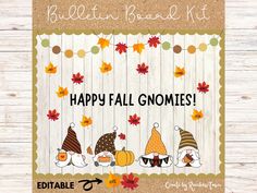 an image of happy fall gnomes on the front of a bulletin board with autumn leaves