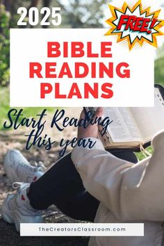 a person sitting on the ground reading a book with text that reads bible reading plans start reading this year