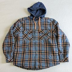 Legendary Outfitters Flannel Shirt Jacket With Hood, Quilted Lining, Snap Closure And Breast Pockets New Without Tags Size: Men's Medium Colors: Blue And Orange Fabric Composition: Shell 100% Cotton -- Hood 60/40 Cotton/Polyester -- Lining And Filling 100% Polyester See Images For Measurements Flannel Long Sleeve Outerwear For Outdoor, Winter Blue Flannel Outerwear, Plaid Hooded Flannel Outerwear, Casual Plaid Hooded Jacket With Pockets, Jacket With Hood, Orange Fabric, Hooded Shirt, Blue And Orange, Flannel Shirt