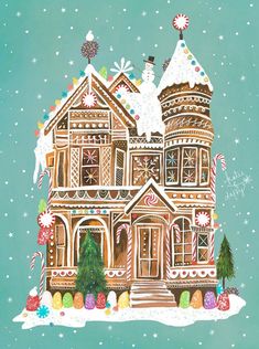 a painting of a gingerbread house with candy canes and christmas decorations on the roof