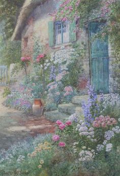 a painting of a garden with flowers and a house