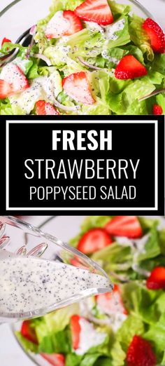 fresh strawberry poppy seed salad in a glass bowl with dressing on the side and text overlay