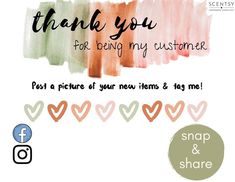 a thank card with hearts and the words thank you for being my customer, post a picture of your new items & tag me