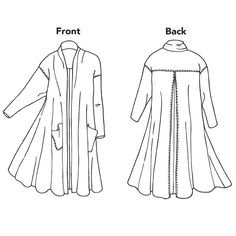 Extra Small to Extra Large. This easy, breezy coat is a snap to make, with just four main pattern pieces. The front pieces have neck extensions that stitch together at center back to form the collar. The back is stitched into a back yoke and features a deep pleat for maximum "swing." Sleeves are narrow at the wrist so you can push them up for a casual look, and they stay put. The pattern offers two pocket versions: side-seam and patch. Suggested fabrics: fabrics that drape well yet still have bo Blanket Coat Pattern, Duster Coat Pattern, Quilt Clothes, Front Pieces, Jacket Ideas, Coat Pattern Sewing, Quilted Clothes, Blanket Coat, Pattern Pieces