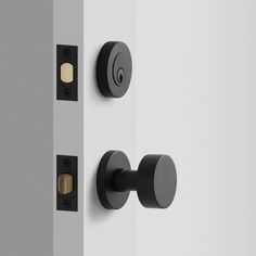 two black handles on the side of a white and gray door with gold knobs