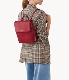 Premium Quality Fossil Claire Dark Red Leather & Suede Backpack SHB3045627 NWT $200 Retail, bags Suede Backpack, Retail Bags, Grey Quilt, Exterior Details, Backpack Straps, S22 Ultra, Leather Trim, High Quality Leather, Interior Details