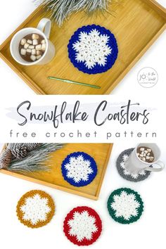 crocheted snowflake coasters on a tray with coffee and marshmallows