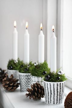 three white candles sitting on top of a window sill next to pine cones and moss