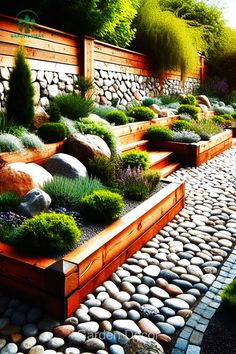 a garden filled with lots of different types of rocks and plants in wooden planters