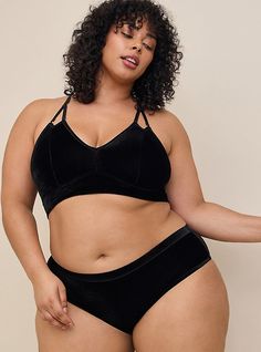 Matching style(s): Search 18339198 FIT Mid rise. Medium coverage. MATERIALS + CARE Velour and mesh fabric. . 95% polyester, 5% spandex. . Machine wash cold. Dry flat. Imported. DETAILS Stretch waistband. . Cage back detail. Mesh detail. . The best plus size women's velour and mesh hipster panty with cage back caged & strappy panties in rich black made of velvet. Torrid is your destination for cozy fall and winter clothes to keep you warm and comfortable. Plus Size Photography, Bralette Outfit, Back In Black, Swim Suits, Women Outfits, Matches Fashion, Winter Clothes, Happy Valentines, Photo Reference