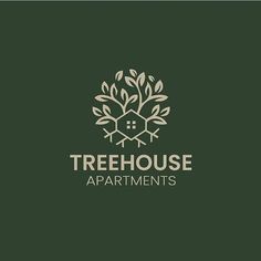 the treehouse apartments logo is shown on a dark green background, with leaves in the center