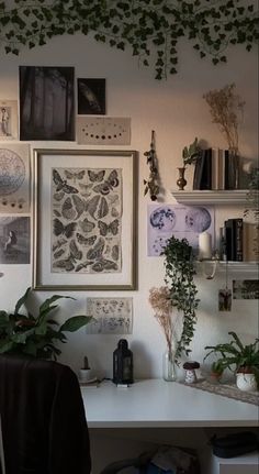 the room is decorated with plants and pictures on the wall, along with other decorations