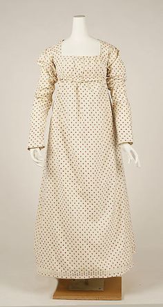 Dress (at the Metropolitan Museum of Art), 1797–98, French; cotton, flax; Length at CB (a): 7 1/2 in. (19.1 cm) Length (b): 43 1/2 in. (110.5 cm). Purchase, Irene Lewisohn and Alice L. Crowley Bequests, 1983. Accession Number: 1983.422a, b 1700s Dresses, Empire Clothing, 18th Century Dress, Period Clothing