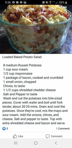 the recipe for baked potato salad is displayed on an iphone screen, and it's in