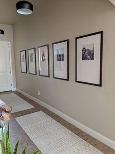 a hallway with pictures hanging on the wall and plants in pots next to each other