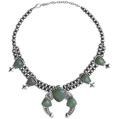 Beautiful Western Jewelry - This naturally colorful Southwestern Sterling Silver Squash Blossom Green Turquoise necklace features a double strand of 8 mm oxidized polished beads with seven Green Turquoise gemstones. There are four squash blossom stations with 17x13 mm arrowhead-shaped gemstones. The large center Naja holds three soft arrowhead-shaped stones, two 15x20mm and one 26x28mm. All stones are set on scalloped bezel mountings on a floral and beaded design motif silver decorative base. Be Southwestern Turquoise Necklace With Oxidized Finish, Southwestern Jewelry With Oxidized Finish, Turquoise Squash Blossom, Squash Blossom Necklace, Squash Blossom, Southwestern Jewelry, Western Jewelry, Green Gemstones, Green Turquoise