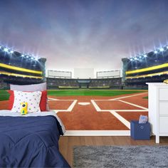 a baseball field wall mural in a bedroom