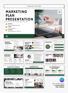 an image of a powerpoint presentation with green and white colors, including the title'marketing plan presentation '