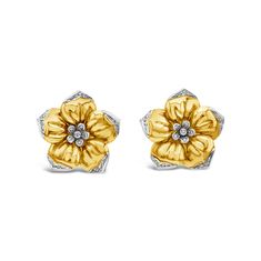 Flower 18K yellow gold earrings accented by round brilliant diamonds weighing 0.25 carats total. The diameter of the earring is 1.5 inches. The earrings signed "Wempe". Please check our inventory for the matching necklace and bracelet. Buccellati Jewelry, Gold Flower Earrings, Flower Diamond Ring, Message Center, Gold Flower Ring, Jewelry Designing, Gold Bracelet Set, Yellow Gold Diamond Ring, Yellow Gold Earrings