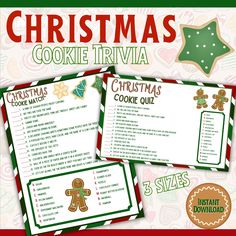 the christmas cookie trivia is shown in green and red