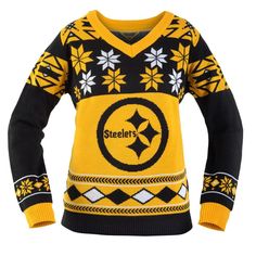 a yellow and black sweater with the pittsburgh football team on it's chest is shown