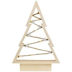 a small wooden christmas tree with lights on it's sides and branches in the shape of a triangle