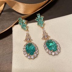 CHARLIN Women's Fashion Elegant Luxury Statement 18K Gold Plated Green Cubic Zirconia Pendant Earrings - Divine Inspiration Styles Ear Drop, Jewelry Ocean, Ocean Green, Engagement Parties, Crystal Dangle Earrings, Earrings Ear, Long Dangle Earrings, Cubic Zirconia Earrings, Zirconia Earrings