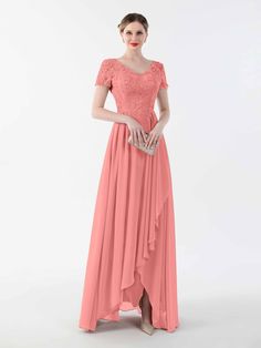 #color_Coral Formal Chiffon Dress With Lace Trim, Flowy Lace Chiffon Wedding Dress, Lace Chiffon Wedding Dress, Elegant Floor-length Peach Dress, Peach V-neck Maxi Dress For Parties, Satin Hoco Dress, Stretch Satin Dress, Satin Tulle, Wedding Veils Lace