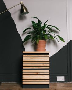 a potted plant sitting on top of a wooden box next to a lamp and wall