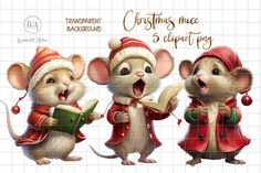 three cartoon mouses with christmas hats and holding books in their hands while standing next to each other