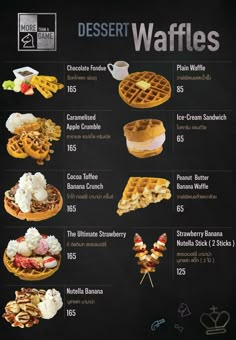 a menu with different types of waffles on it