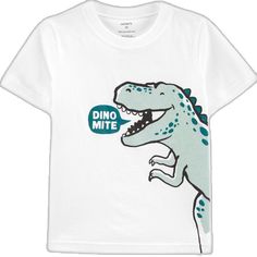 Casual White Shirt With Dinosaur Print, Playful White Dinosaur Print Top, White Dinosaur Print T-shirt For Summer, Short Sleeve White Tops With Dinosaur Print, White Short Sleeve Tops With Dinosaur Print, White Short Sleeve Top With Dinosaur Print, Playful Cotton T-shirt With Dinosaur Print, Cute Dinosaur Print Cotton Top, Cute Cotton Dinosaur Print Top