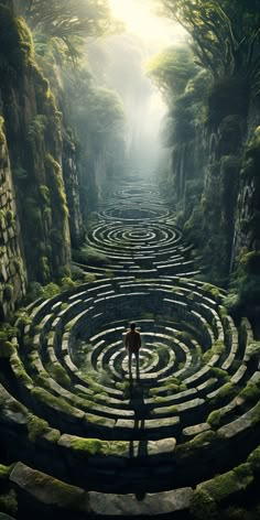 a person standing in the middle of a maze