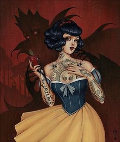 a painting of a woman with tattoos holding an apple