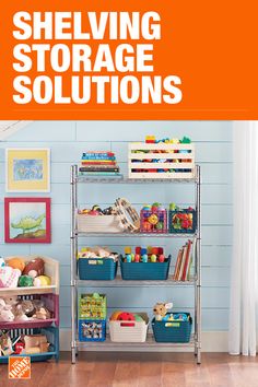 a shelf filled with toys and other items in a child's playroom that says, shelving storage solutions