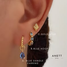 Stud Hoop Earrings, Blue And Gold Earring Stack, Jewelry Stack Earrings, 2 Piercing Earrings, Blue Earrings Aesthetic, Gold And Blue Jewelry, Earring Sets For Multiple Piercings, Blue And Gold Jewelry, Blue Gold Jewelry