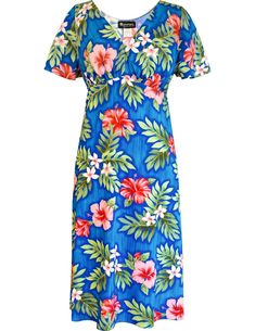 a women's blue hawaiian print dress with pink and green flowers on the front